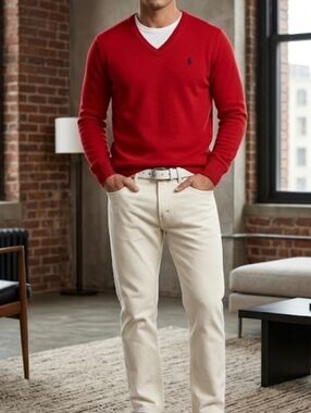 Polo by Ralph Lauren Red V-Neck Men's Lamb Wool  Sweater